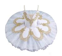 Omfpafeu Abito da Spettacolo di Danza Classica per Bambine, tutù da Pancake con Piatto da Balletto, Abito da Competizione per Feste di Ballerine per Bambini,Bianca,140