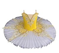 Omfpafeu Body da Danza Classica per Bambine, Senza Maniche, in Pizzo Ricamato, Gonna tutù in Tulle, Abito da Competizione per Ballerine, Lago dei cigni,Giallo,160