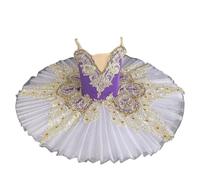 Omfpafeu Body da Danza Classica per Bambine, Senza Maniche, in Pizzo Ricamato, Gonna tutù in Tulle, Abito da Competizione per Ballerine, Lago dei cigni,Viola,140