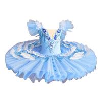 Omfpafeu Costume da Ballerina per Bambine Senza Maniche in Tulle Ricamato con Perle e Pizzo Abito da Competizione di Danza Classica,Blu,130