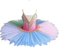 Omfpafeu tutù da Balletto Professionale per Bambine, tutù Ricamato con Piatto di Pancake Abito da Festa per Ballerina Costume Competizione di Danza Classica per Bambine,Multi colored2,130