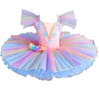 Omfpafeu tutù da Balletto Professionale per Bambine, tutù Ricamato con Piatto di Pancake Abito da Festa per Ballerina Costume Competizione di Danza Classica per Bambine,Multi Colored,110