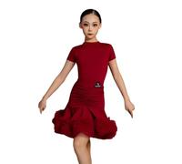 Omfpafeu Vestito da Ballo Latino a Maniche Corte per Ragazze, Completo da Competizione per Samba Tango, Abbigliamento da Ballo per Bambini, Costume da Ballo da Sala,Wine Red,150