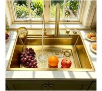 OMGMTSTORE 75 x 50 cm Lavello a cascata, oro, grande lavello 1 vasca, lavello a cascata con rubinetto estraibile, distributore di sapone, sciacquone, filtro, tagliere