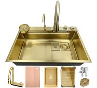 OMGMTSTORE 85 x 50 cm, lavello da cucina in acciaio inox, 1 vasca, grande piano di lavoro, con rubinetto estraibile, 2 scolapiatti, tagliere, dispenser di sapone, lavastoviglie per bicchieri, sifone
