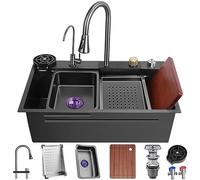 OMGMTSTORE in Acciaio Inox Cascata Bar Lavello Ciotola Singola Cucina Lavello Multi-Purpose Handmade Lavello RV Lavello Nano-Coated Workstation Lavello con Pull-out Rubinetto (S : 68x45x22cm)