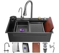 OMGMTSTORE in Acciaio Inox Single-Bowl Kitchen Lavello Multifunzionale Cascata Lavello Nano-Coated Workstation Lavello con Cascata Pull-Down Rubinetto E Completo Accessorio Set (S : 80x45x22cm)