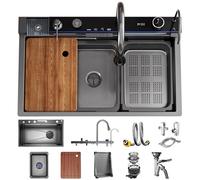 OMGMTSTORE Lavandino Cucina 68 x 45 cm,Lavello Cucina 1 Vasca in Acciaio Inox,Lavello Antracite Nero Multifunzione Cucina,con rubinetto, estraibile, con sifone, lavello interno di ricambio e tagliere