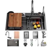 OMGMTSTORE Lavandino Cucina Nero Antracite 65 x 50 cm,Lavello Cucina 1 vasca con LED rubinetto estraibile,Multifunzione Cucina in acciaio inox,Lavabo Cucina con Sifone Antiodore e Kit Scarico Completo