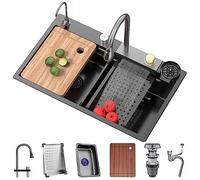 OMGMTSTORE Lavello a cascata in acciaio inossidabile Lavello a barra singola Lavello da cucina Set Lavello da cucina con stazione di lavoro nano-rivestito Lavello con rubinetto estraibile rondella