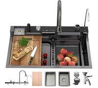 OMGMTSTORE Lavello Cucina Con Cascata 68 x 45 cm,Lavello Cucina in acciaio inox,Lavello Nero Antracite Multifunzione Cucina,Con Rubinetto Estraibile,Sifone,Dispenser Sapone,Lavello Mobile e Tagliere