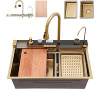 OMGMTSTORE Lavello Cucina Con Cascata 80 x 45 cm,Lavello Cucina 1 Vasca In Acciaio Inox,Lavello Oro Multifunzione Cucina,Con Rubinetto Estraibile,Sifone,Dispenser Sapone,Lavello Mobile e Tagliere