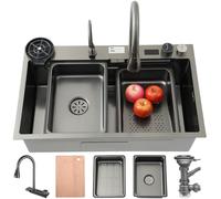 OMGMTSTORE Lavello da cucina 65 x 50 cm, in acciaio inox, con schermo di visualizzazione, 1 lavandino, grande postazione di lavoro con tagliere, sifone, set di scarico e scarico