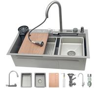 OMGMTSTORE - Lavello da cucina a cascata con portacoltelli, 75 x 45 cm, nero grigio in acciaio inox, con display digitale, troppopieno, sifone, scarico, ricambio per lavello interno, tagliere