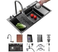 OMGMTSTORE Lavello da Cucina A Gradini con Rubinetto A Cascata 3 in 1 Lavello per Camper in Nano Acciaio Inossidabile Nero Lavello da Bar Multifunzione A Vasca Singola Accessori Completi
