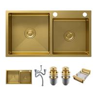 OMGMTSTORE Lavello da cucina con 2 vasche da 75 x 40 cm, in acciaio inox dorato, con 2 fori per rubinetto, grande lavandino da cucina, lavello da incasso con scolapiatti, dispenser di sapone, sifone e
