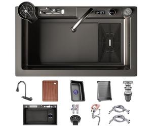 OMGMTSTORE Lavello da cucina in acciaio inox, 70 x 45 cm, con rubinetto digitale estraibile, multifunzione, con cestello di scarico, lavandino, tagliere, mixer, componente di scarico