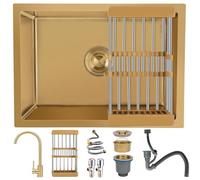 OMGMTSTORE Lavello da cucina in acciaio inox, 75 x 45 cm, lavello da cucina piccolo, con rubinetto da cucina, cestino pieghevole, filtro di scarico e troppopieno, colore: oro
