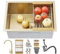 OMGMTSTORE Lavello da cucina in acciaio INOX 75x45 cm, lavello da incasso/sopra piano, lavello da cucina piccolo, lavello da bar spazzolato in oro con rubinetto da cucina, cestello filtrante
