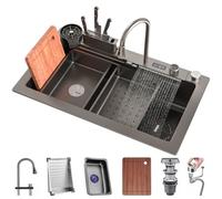 OMGMTSTORE Lavello da cucina in acciaio inox con cascata singola, con indicatore digitale, multifunzione, con cestello di drenaggio, bacino di drenaggio, componente di drenaggio