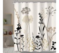 Omifly Tenda da doccia beige crema floreale 60 x 72 grigio talpa marrone silhouette fiore rustico boho foglie fiori selvatici piante botanico vintage set da bagno 12 ganci in plastica impermeabile