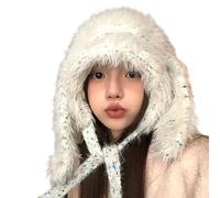 omiinitio Berretto in peluche lavorato a maglia con orecchie lunghe per donne vari abiti invernali attività all'aperto Trapper protezione orecchie calore pelliccia invernale, beige., Taglia unica