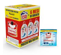 Omino Bianco - Detersivo Lavatrice Igienizzante Liquido, 150 Lavaggi, Rispetta Colori e Tessuti, Igienizza e Rimuove Germi e Batteri, 2000 ml x 3 + Campione di Additivo Lavatrice Igienizzante Idrocaps