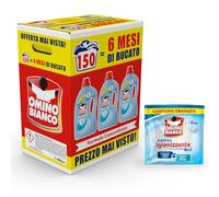 Omino Bianco - Detersivo Lavatrice Liquido, 150 Lavaggi, Rispetta Colori e Tessuti, Fresco Profumo con Essenza di Muschio Bianco, 2000 ml x 3 + Campione di Additivo Lavatrice Igienizzante Idrocaps