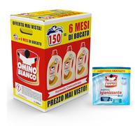 Omino Bianco - Detersivo Lavatrice Liquido, 150 Lavaggi, Rispetta Colori e Tessuti, Fresco Profumo con Essenza Cuore di Marsiglia, 2000 ml x 3 + Campione di Additivo Lavatrice Igienizzante Idrocaps