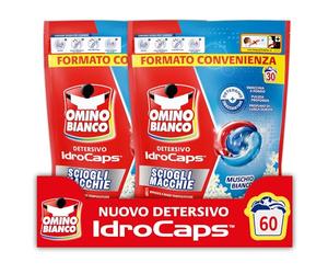 Omino Bianco Idrocaps - Detersivo Lavatrice in Capsule Sciogli Macchie, 60 Lavaggi, Efficace a Basse Temperature, Profumo Muschio Bianco, 30 Caps x 2 Confezioni