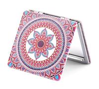 OMIRO Specchio d'ingrandimento 1X/3X, Specchio compatto con pittura unica e pelle PU classica (Mandala di fiori rossi)