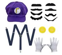 OMJMYY Accessori Cappello Mario Luigi Super Brothers Costume Accessori Cappello Bretelle Guanti Bottoni Baffi Finti per Bambino Uomo Donna per Costume Halloween Carnevale Natale Cosplay