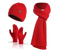 Ommda Cappello Uomo Invernali 3 Pezzi Cappello Sciarpa Guanti Set Beanie in Maglia Cappello Lavorato a Maglia con Fodera in Pile Touch Screen Guanti rosso