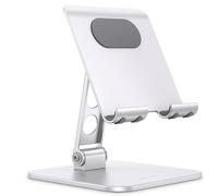 OMOTON - Supporto per tablet regolabile migliorato con base pesante in alluminio, robusto dock con design del foro per iPad Mini Pro Air e telefoni, per i supporti (3,5-13 pollici), argento