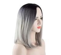 Omquot Parrucca sintetica lunga alla moda da donna, per appuntamenti, design a retina nera e grigia con sfumatura di colore per un uso confortevole, 35 cm, parrucca media da donna
