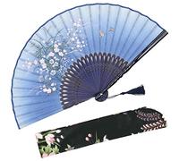 OMyTea - Ventaglio manuale pieghevole “Grassflower”, da donna, in stile rétro vintage cinese/giapponese, con custodia in tessuto per proteggerlo, Blue