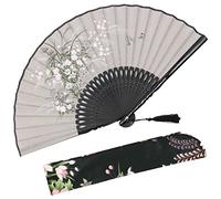 OMyTea - Ventaglio manuale pieghevole “Grassflower”, da donna, in stile rétro vintage cinese/giapponese, con custodia in tessuto per proteggerlo, Gray