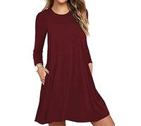 OMZIN Abiti Abito Estivo da Donna Abito Camicetta Abito A Linea Abito Casual per Il Tempo Libero Abito A Tunica Manica Lunga Abito da Spiaggia Aderente Vino Rosso S