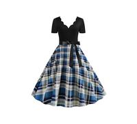 OMZIN Abiti da tè Estivi per Donne Una Linea retrò Elegante A Manica Corta con Cintura V Abiti Plaid Bianco XS