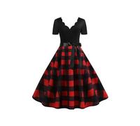 OMZIN Abito con Collo A Smerlo da Donna Manica Corta Party Polka DOT A-Line 1950s Vintage Dress Plaid Nero M