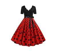 OMZIN Abito da Donna 1950s Vintage Audrey Hepburn a Manica Corta con Cintura Abito da Cocktail a Linea con Collo a V Rosso 3XL