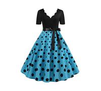 OMZIN Abito Rockabilly da Donna Collo a V Audrey Hepburn Manica Corta Abito a Pois Vita Alta Blu XXL