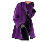 OMZIN Cappotto Da Donna In Tinta Unita Plus Size In Misto Lana Midi Long Pea Coat Invernale Con Cappuccio A Un Bottone Viola XL
