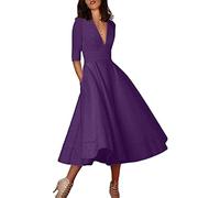 OMZIN Donna 1950s Swing Abito Gonna Plissettata Estate Abito Cocktail Collo Basso Maxi Abito Viola XXL