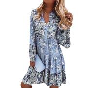 OMZIN Donna Abiti Estivi Boho Floreale Collo A V Manica Lunga Casual A-Line Swing Mini Babydoll Abito Blu XL