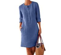 OMZIN Donna Abito Lungo Casual in Cotone E Lino Stile retrò Abito Lungo Allentato Blu Reale S