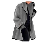 OMZIN Donna Cappotto Con Cappuccio Inverno Tinta Unita Plus Size Cappotto Midi Lungo In Misto Lana Con Un Bottone Giacca Grigio 3XL