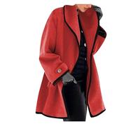 OMZIN Donna Cappotto Con Un Solo Bottone Plus Size Inverno Midi Lungo Plain Pea Coat Giacca In Misto Lana Con Cappuccio Rosso XXL