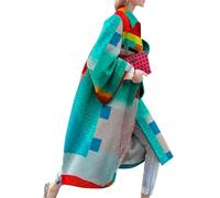 OMZIN Donna Casual Manica Lunga Colorata Antivento Giacca Lunga Turn Down Collar Trench Coat Geometrico Verde 3XL
