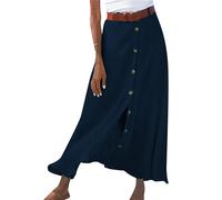 OMZIN Donna Cotone Lino A-Line Maxi Boemia Gonne Button Down Flowy Vita Alta Gonne Blu Navy XL